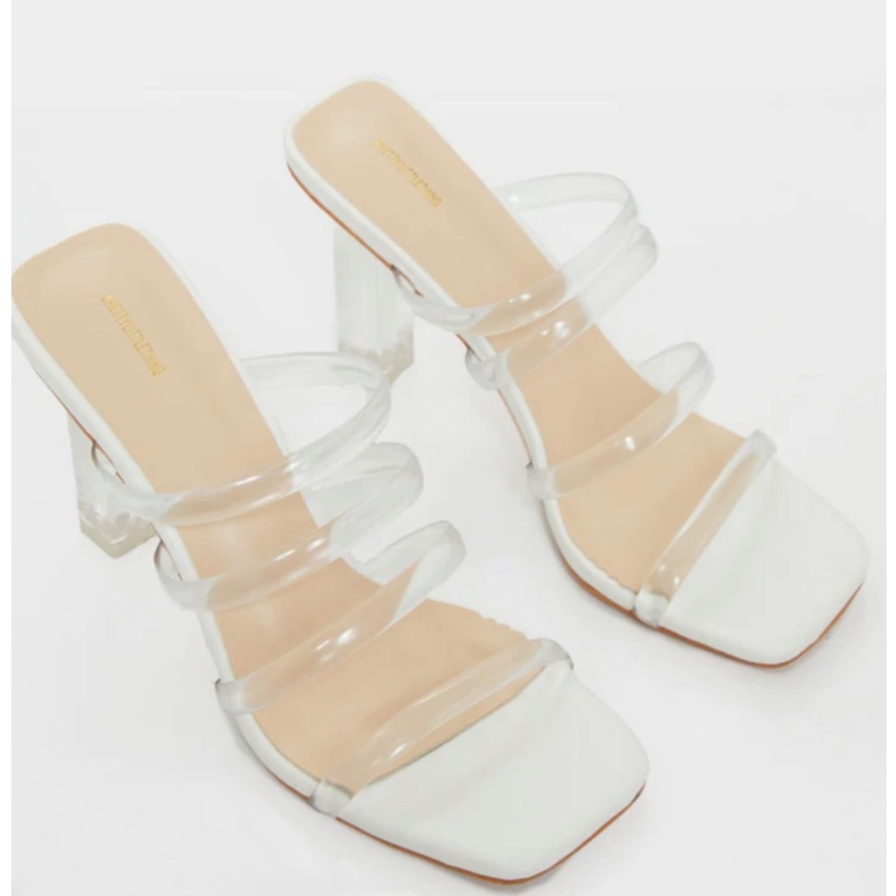 PLT White Low Clear Block Heel Multi Clear Strap Mule